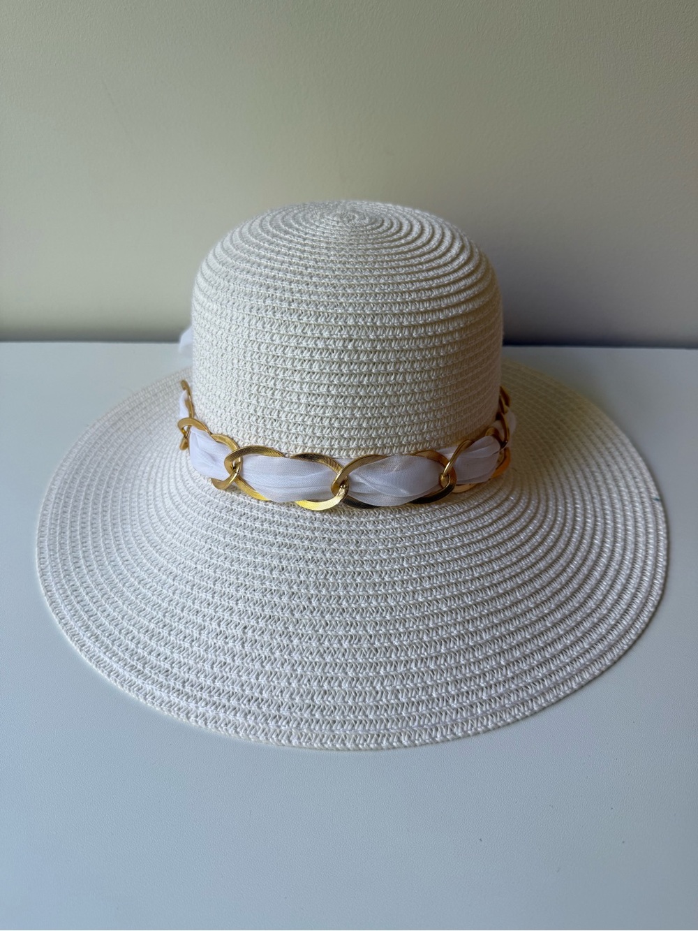 Women’s White Straw Sun Hat with Gold Chain Trim